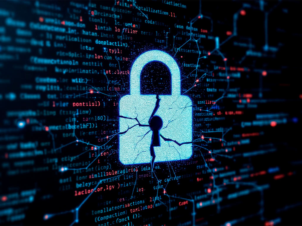 cracked lock in front of code, cybersecurity threat image